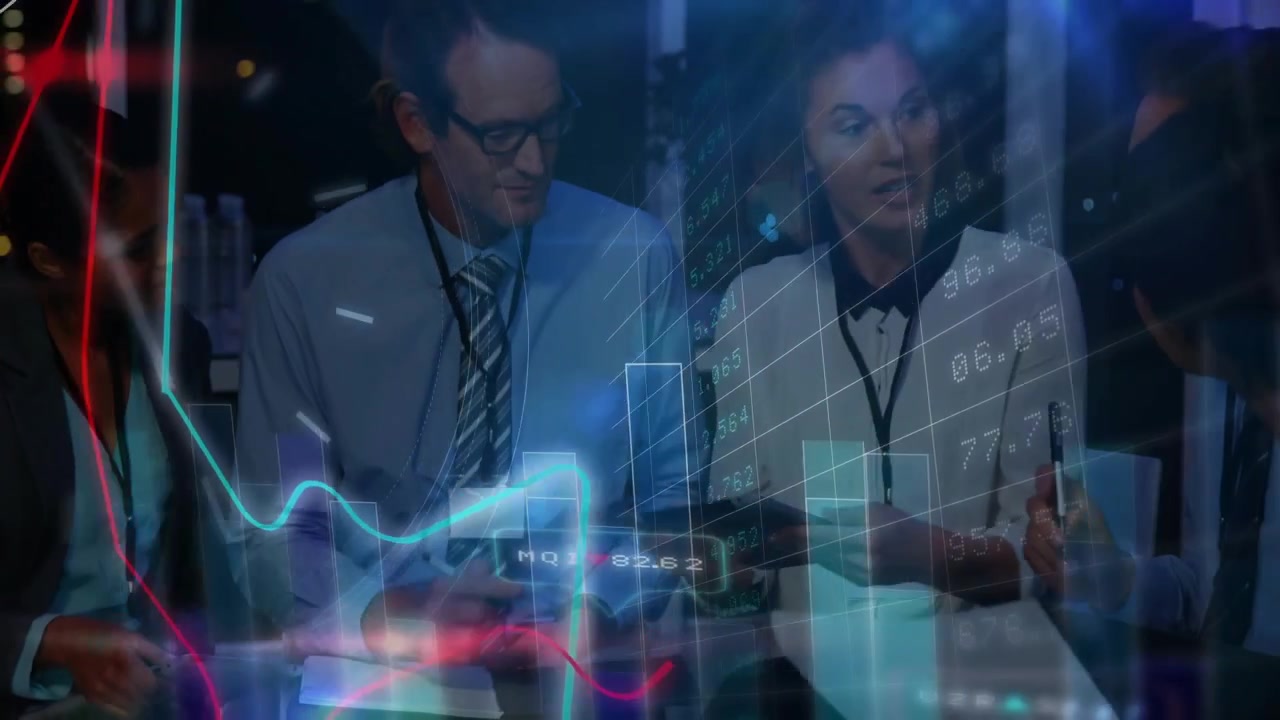 Lead woman opening document and pointing, team reviewing papers, animated finance charts overlaying
