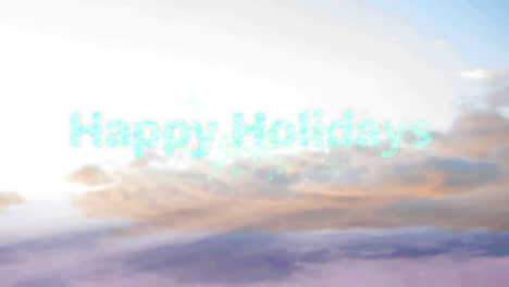 animation of happy holidays text with fireworks over clouds