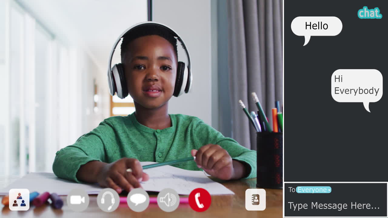Animation of video call interface with smiling boy in online school lesson, and chat room messages