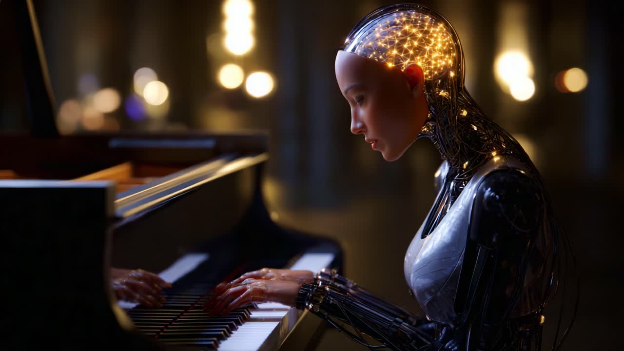 Ein futuristischer, humanoider Roboter mit einem leuchtenden Kopf, der anmutig in einer eleganten, schwach beleuchteten Umgebung einen Flügel spielt und die Verschmelzung von Technologie und Kunst demonstriert