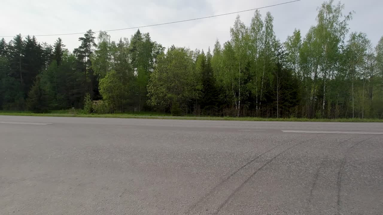 자동차는 주요 도로에 합쳐져 초록색 나무의 그림 같은 복도를 통해 항해합니다.