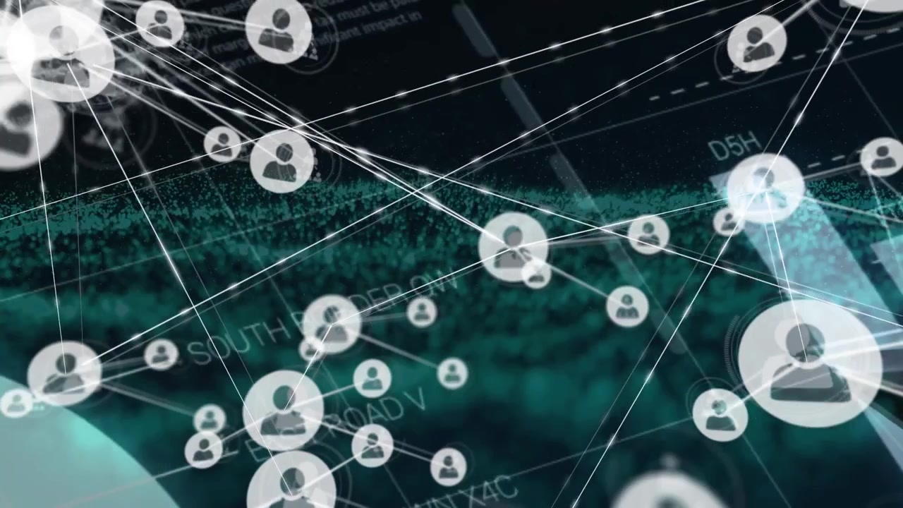 Animazione di rete di connessioni con icone su globo e griglia