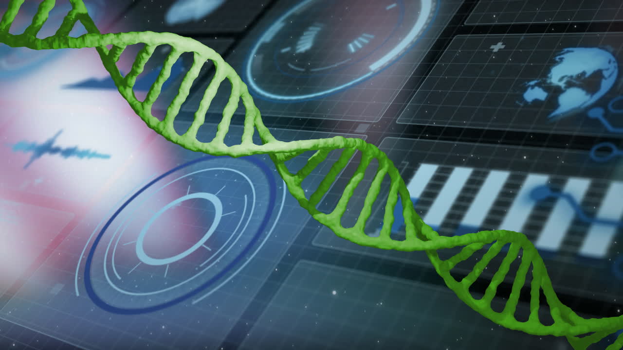 Animation of DNA strand with digital interface showing futuristic data elements