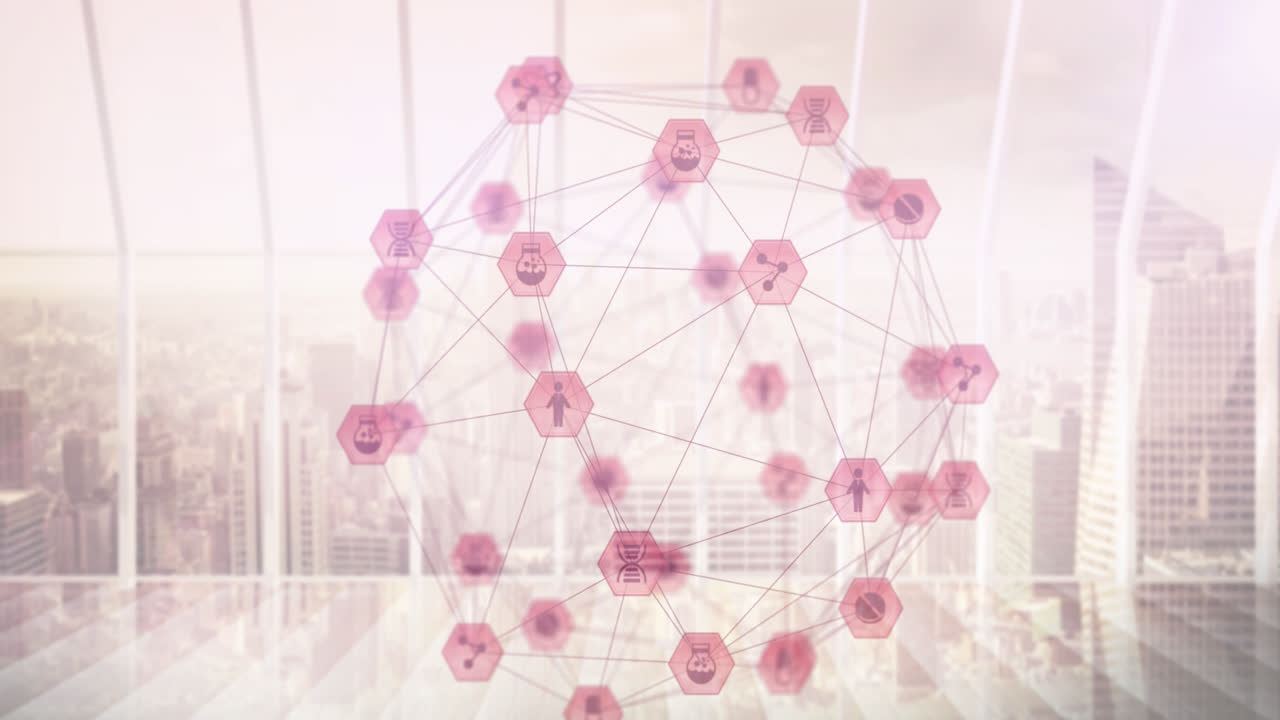 도시 풍경을 배경으로 디지털 아이콘의 세계