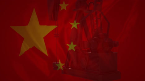 animation of flag of china over pumping oil derrick