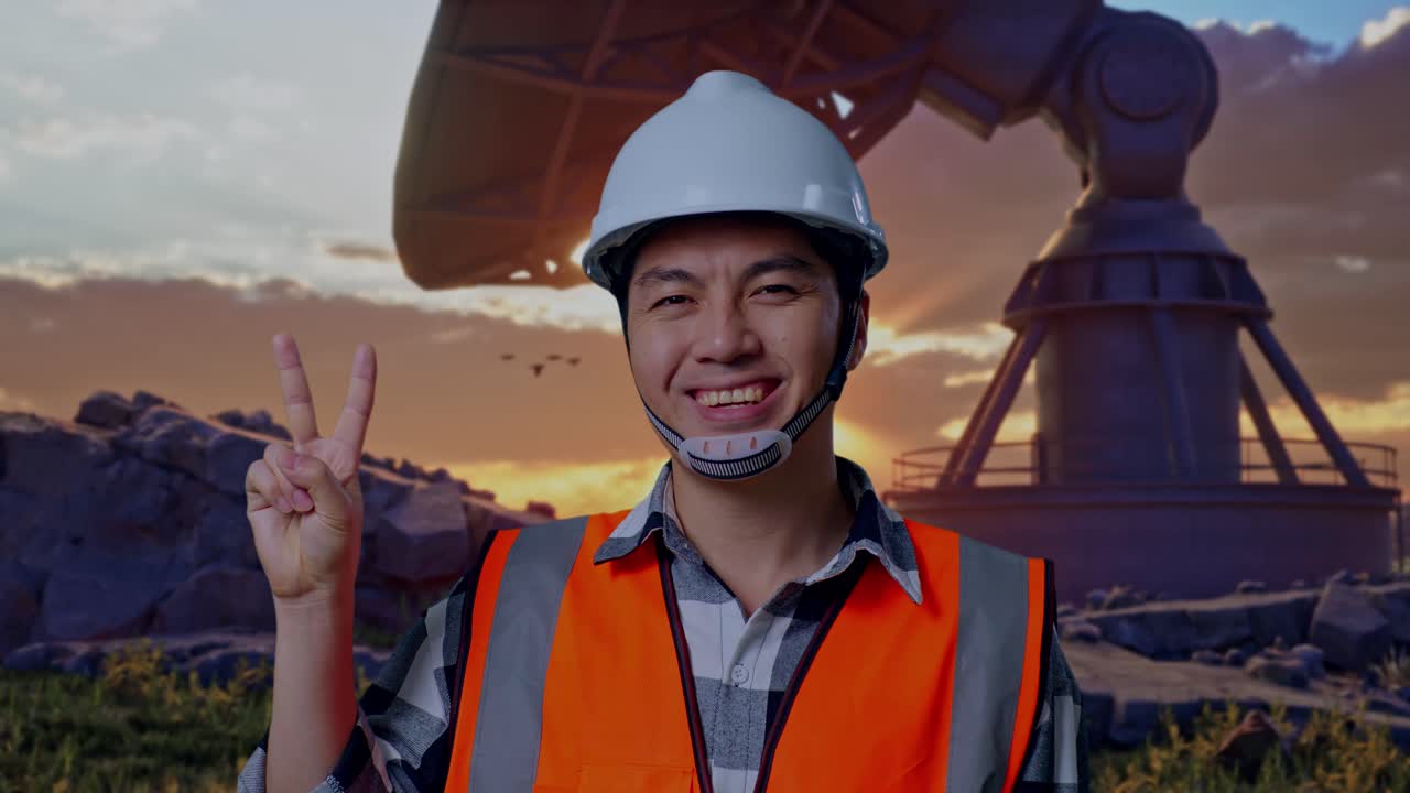 Close Up Of Asian Male Engineer With Safety Helmet Smiling And Showing Peace Gesture While Standing With Large Satellite Dish