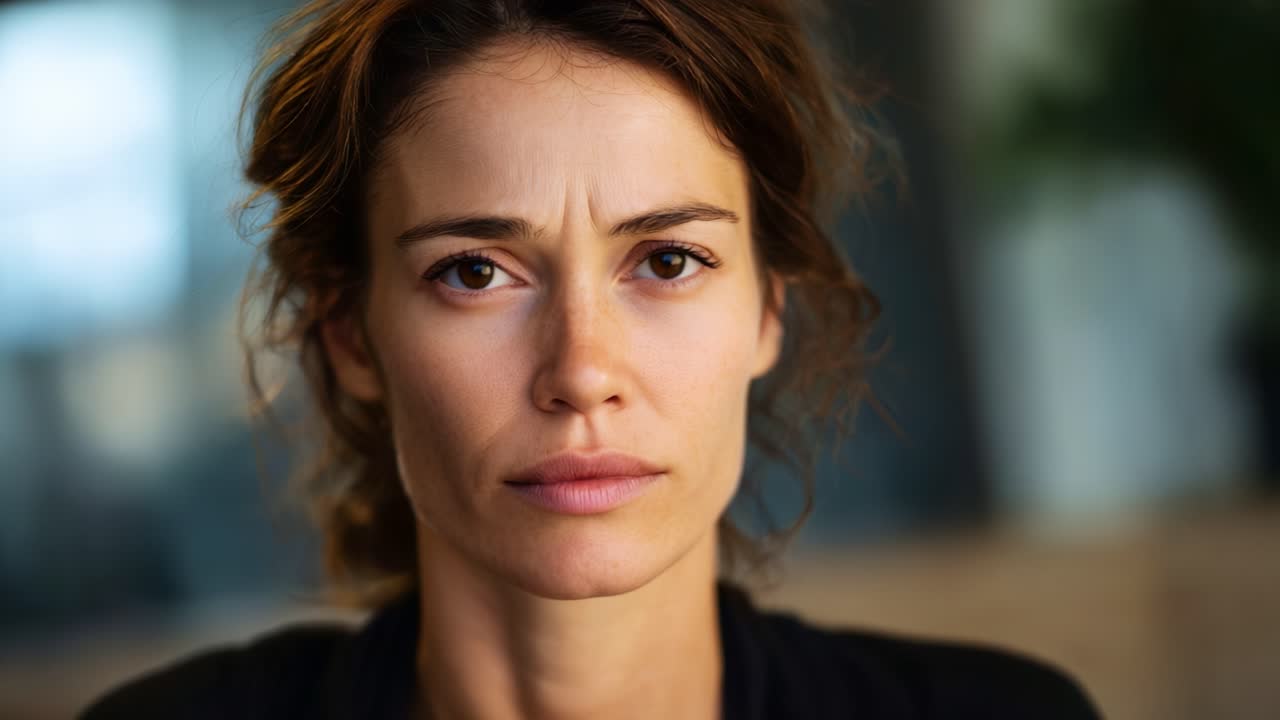 A woman's emotional journey captured in two contrasting frames, illustrating a deep moment of reflection followed by a piercing gaze filled with determination and intensity