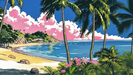 vibrant tropical beach scene with palm trees, viewed from a low angle video