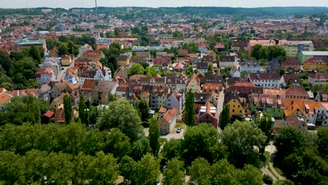 4k aerial drone video of the historic homes in downtown ansbach, germany