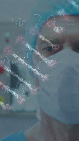 animación de cadena de adn y procesamiento de datos sobre cirujanos caucásicos con máscaras faciales