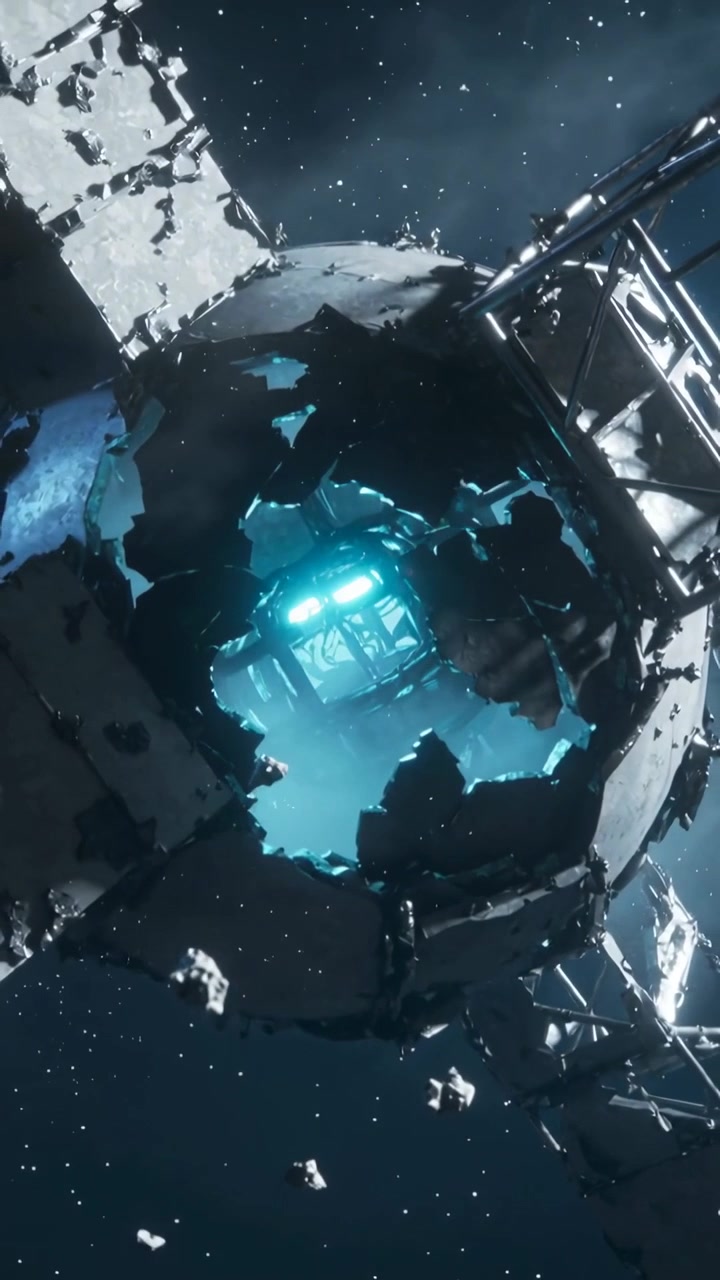 Vertical video: Pulling back camera revealing ruptured sphere leaking cyan core in space