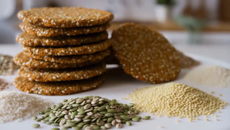 stack of sesame seed cookies with various grains and seeds