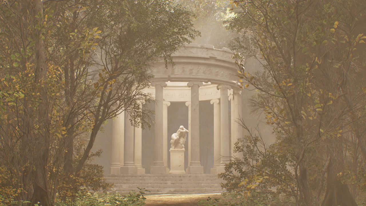 Gazebo Classico con Statua in una Foresta Nebbiosa