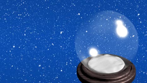 Animation-of-snow-falling-over-snow-globe-on-blue-background