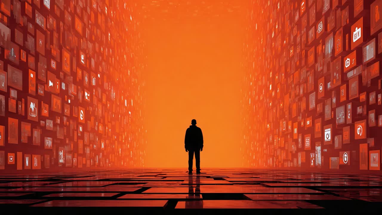 A solitary figure stands at the intersection of technology and information in a vibrant orange digital landscape filled with floating icons and images, symbolizing data exploration