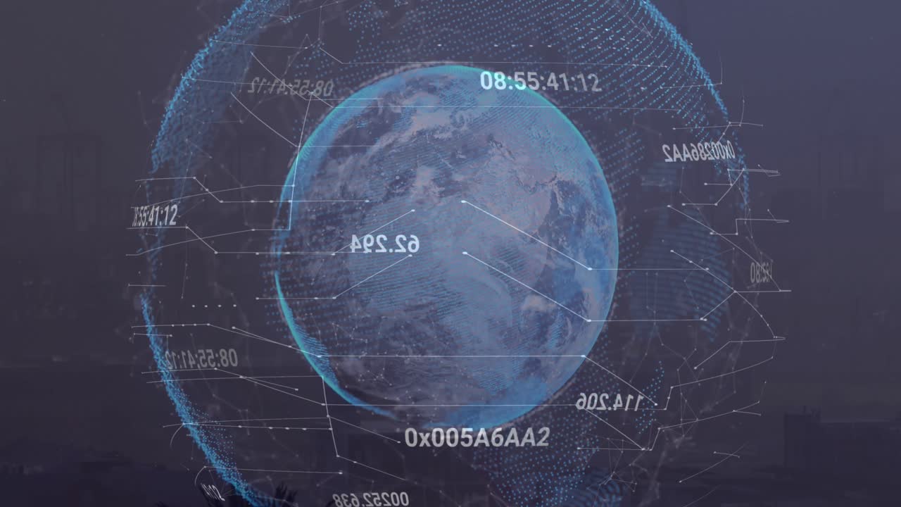 변화하는 숫자와 회로판 패턴의 애니메이션은 구름 하늘에 대한 나무 위에 지구를 둘러싸고 있습니다.