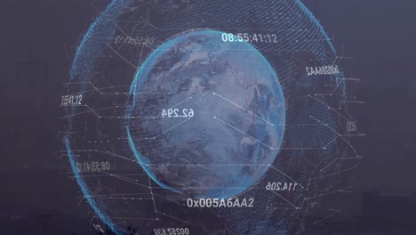 animación de números cambiantes y patrón de placa de circuito alrededor del globo sobre árbol contra cielo nublado