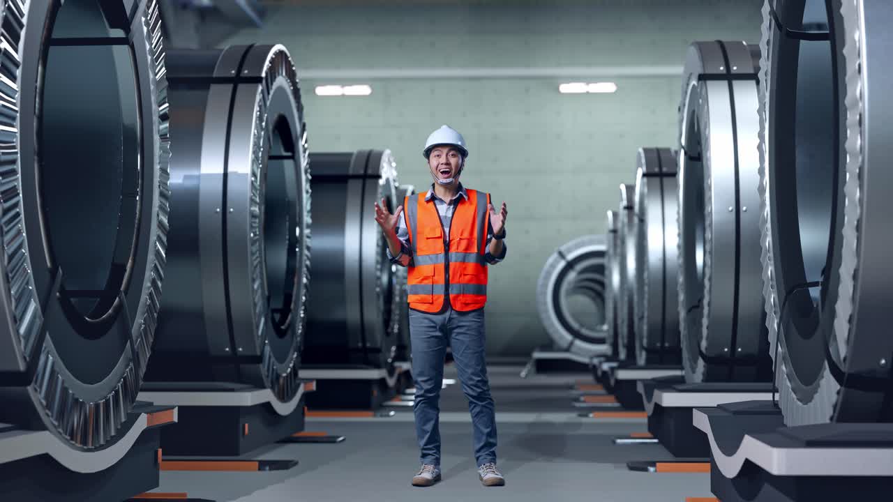Full Body Of Asian Male Engineer With Safety Helmet Smiling To Camera And Saying Wow While Standing In Metal Factory