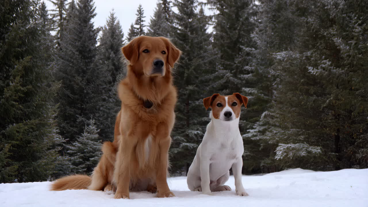 Golden Retriever and Jack Russell Terrier in the Snow