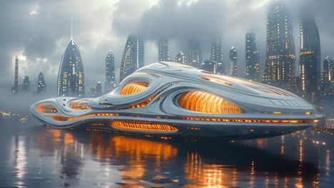 futuristic illuminated structure in a dystopian cityscape