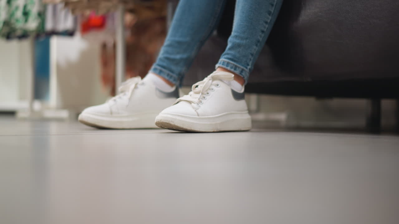 색 캔버스 신발을 입은 청바지를 입은 여자의 다리의 클로즈업, 잘 조명된 쇼핑몰에서 바닥에 왼쪽 다리를 부드럽게 러, 신발에 초점을 맞추고, 쇼핑 분위기에서 차분하고 캐주얼한 움직임