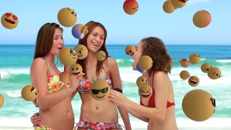 iconos de emoji con amigos tomando una selfie en el fondo
