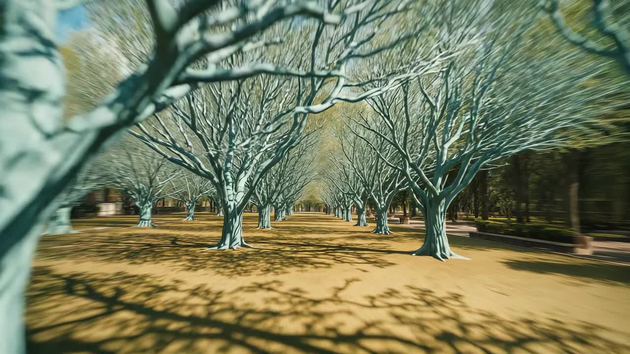 Starting glide camera traversing tree-lined avenue in formal park, revealing benches, fallen leaves