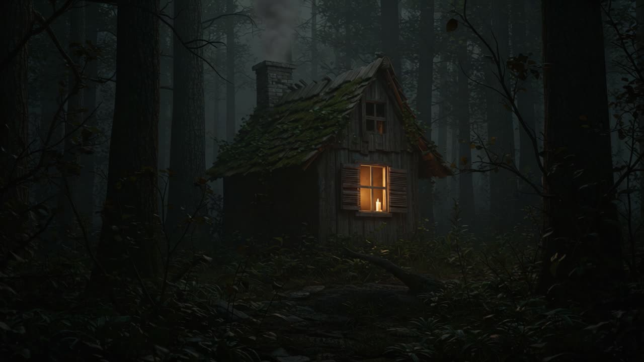 A Mysterious Cabin Illuminated by a Warm Glow in a Dark, Foggy Forest Setting, Shrouded in Enigmatic Shadows and Whispering Nature Sounds