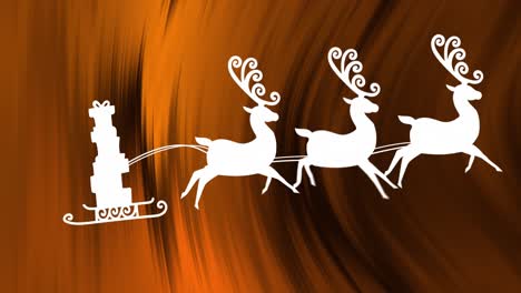 Animation-of-christmas-gifts-in-sleigh-being-pulled-by-reindeers-against-textured-orange-background