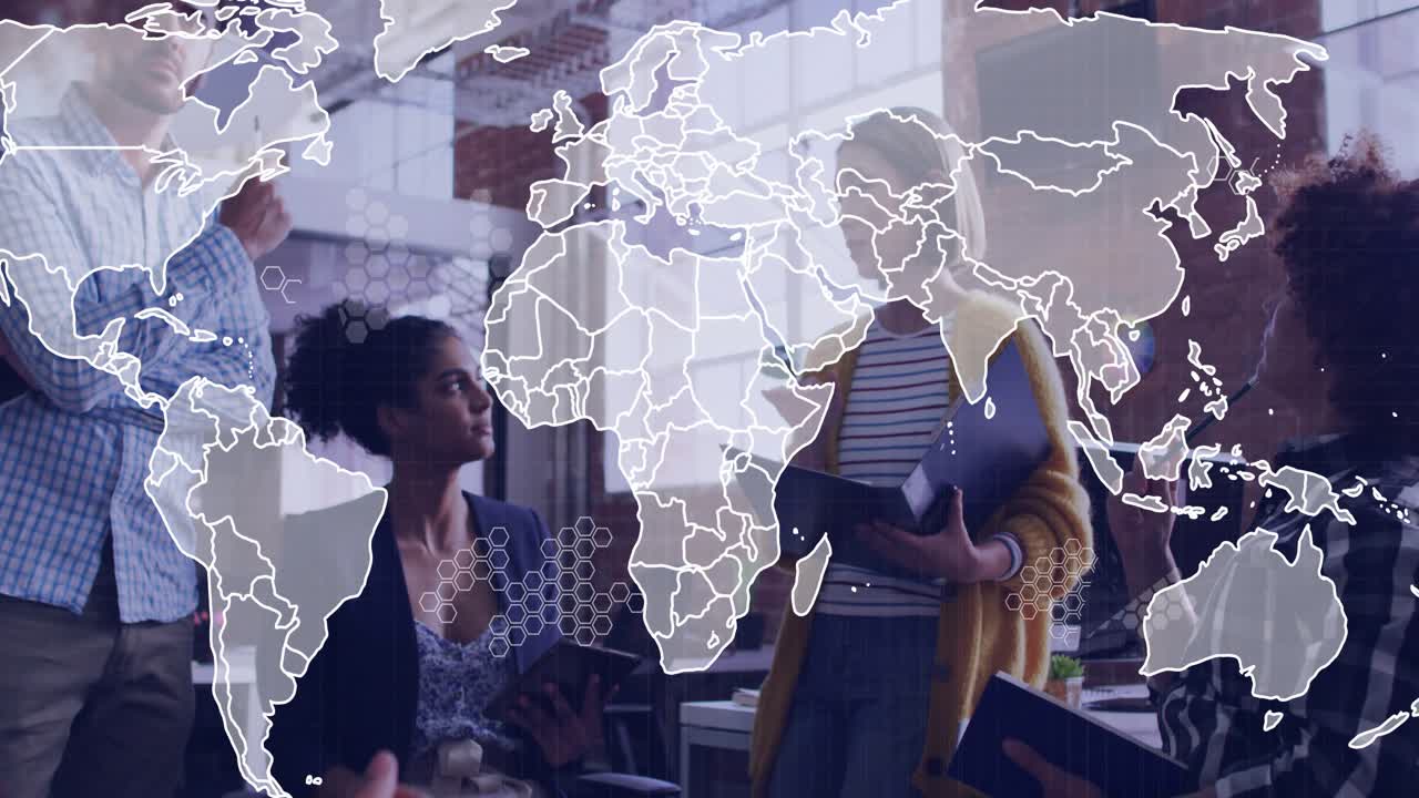 Coworkers collaborating in business office, man gesturing paper sparking animated world map growth