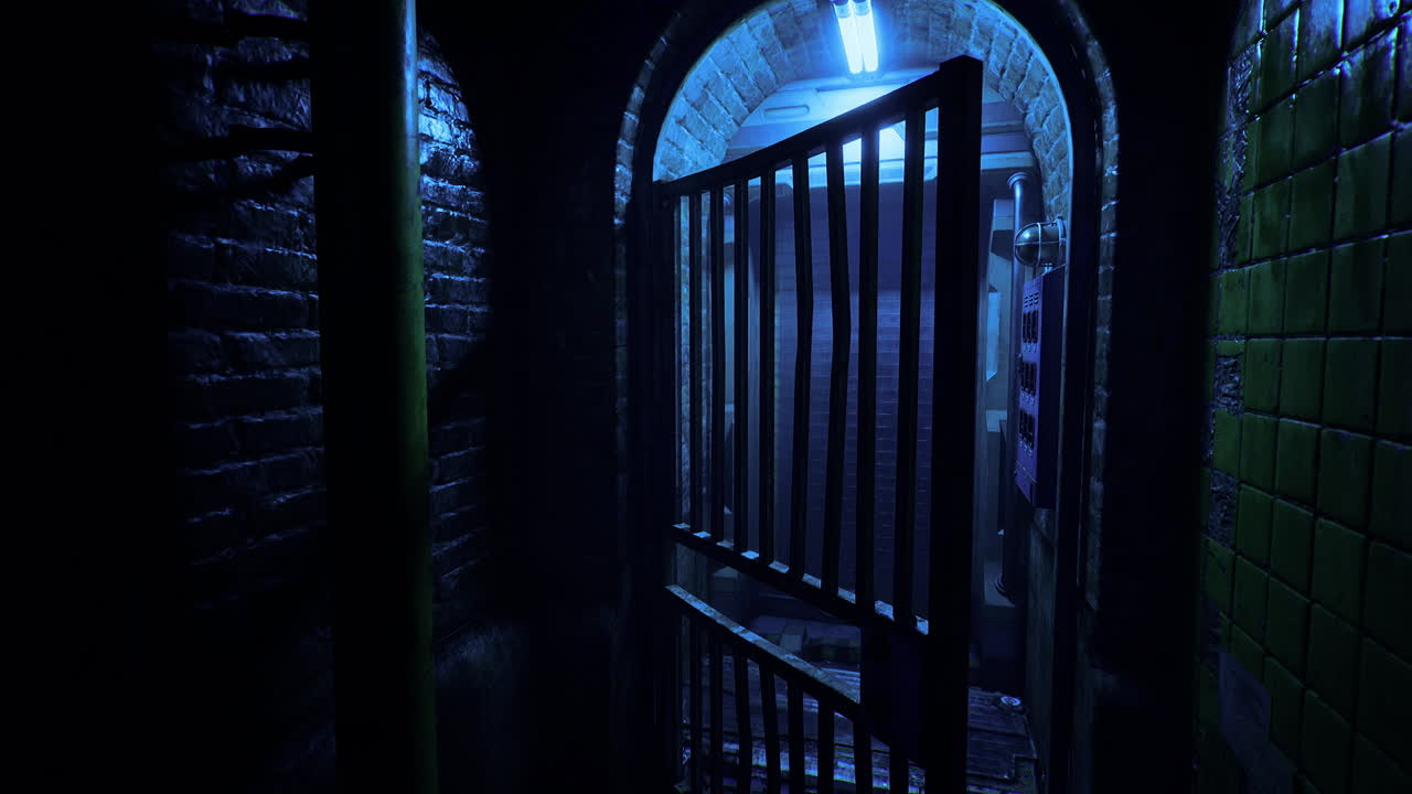 Mysterious alleyway with an open gate in a dimly lit urban setting at night