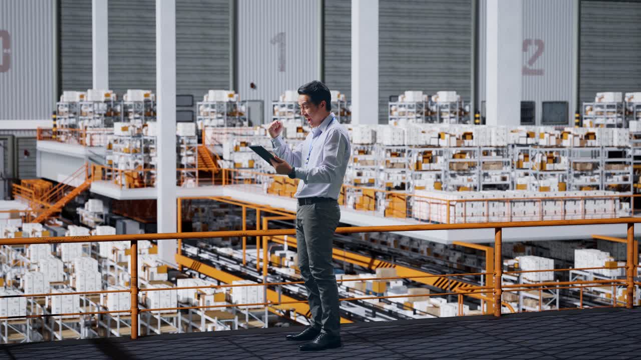 vista lateral de todo el cuerpo feliz hombre de negocios asiático celebrando usando tableta en el almacén