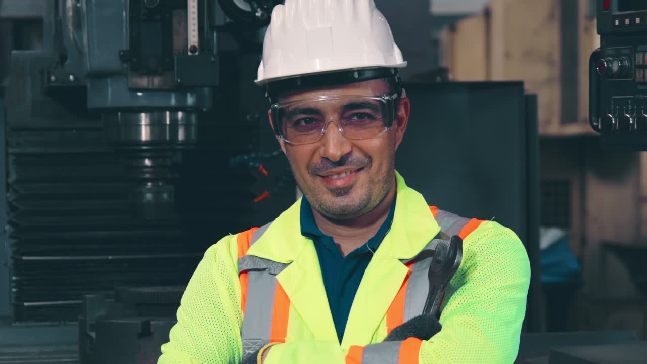 Ritratto in primo piano di un giovane operaio di fabbrica o ingegnere in fabbrica