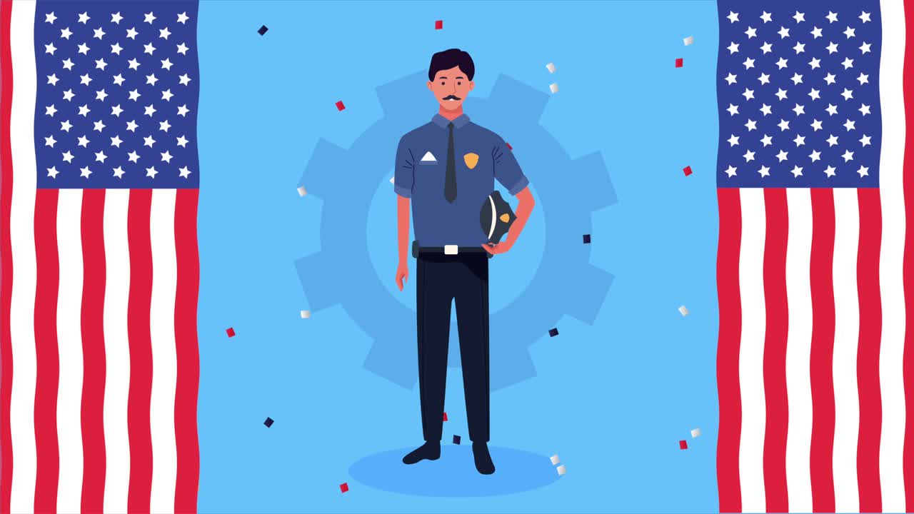 feliz celebración del día del trabajo con bandera de estados unidos y policía