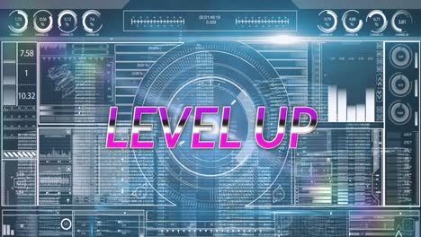 Animation-of-level-up-text-and-data-processing-on-blue-background