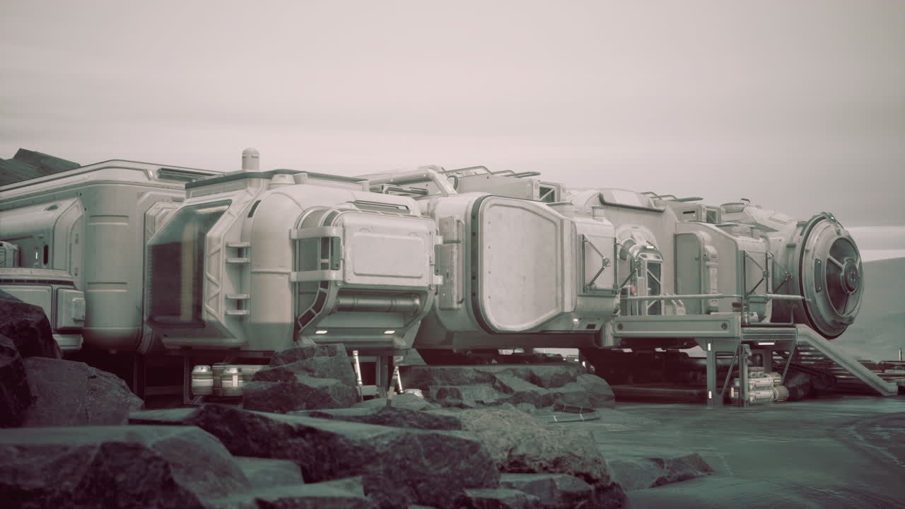 우주선이 바위 인 지형에 주차되어 있습니다.