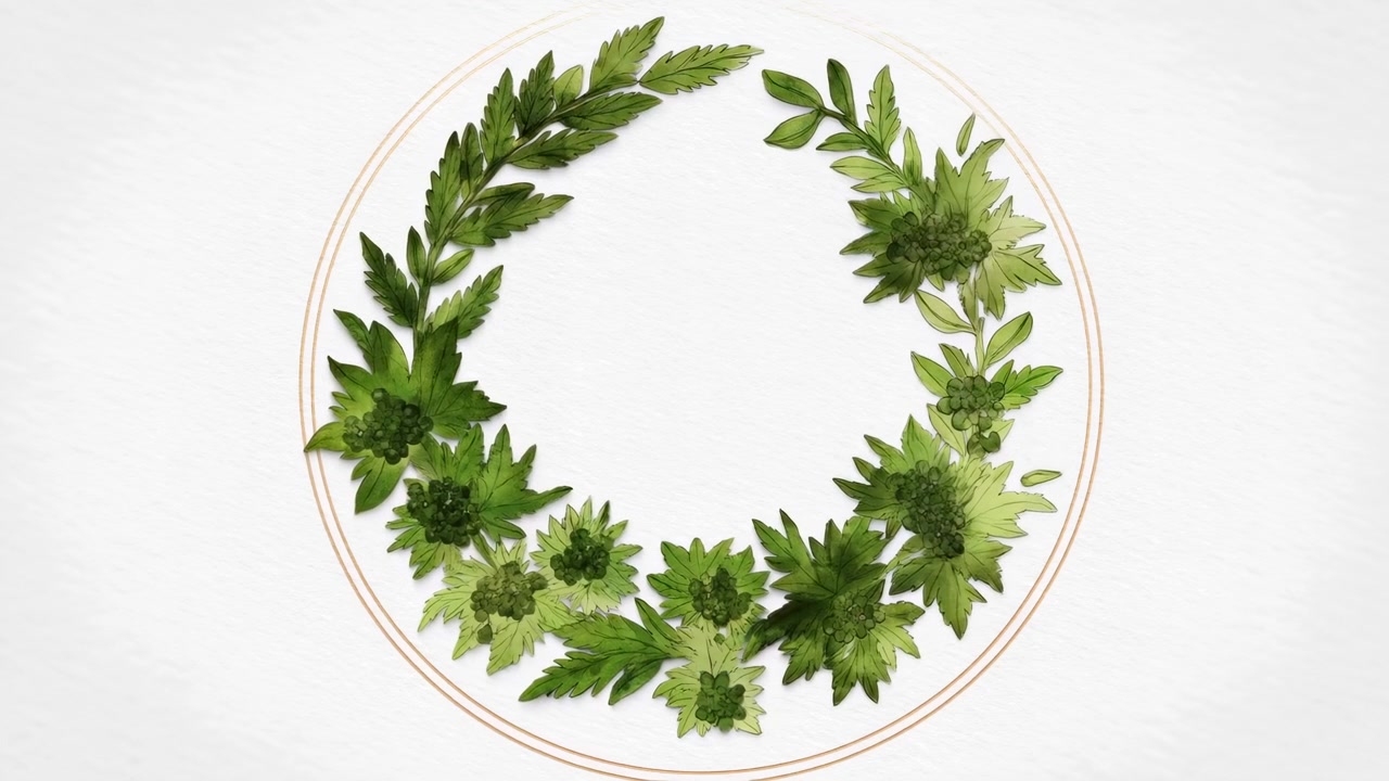a tranquil display of circular wreaths against a neutral white background with black borders, showcasing decorative elements in a serene natural setting with green and brown leaves and twig.