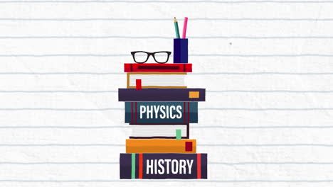 animation of glasses and pencil stand over stack of books icon against white lined paper background