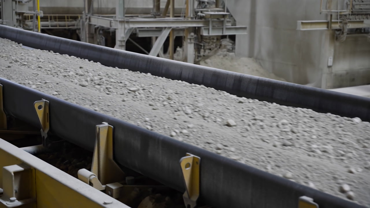 Industrial Conveyor Belt Carrying Aggregate Steady Flow Of Gravel Over Rubber Belt Within Dusty Processing