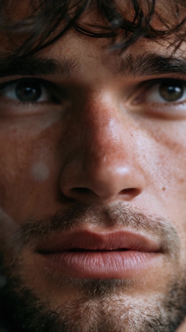 Close-up Portrait of a Young Man with Intense Expression and Natural Features, Capturing the Essence of Human Emotion and Beauty in a Constrained Frame