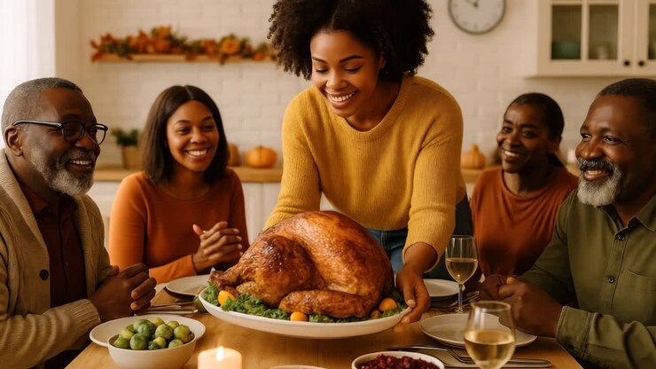 Warm, inviting scene of a family dinner with a focus on a roasted turkey