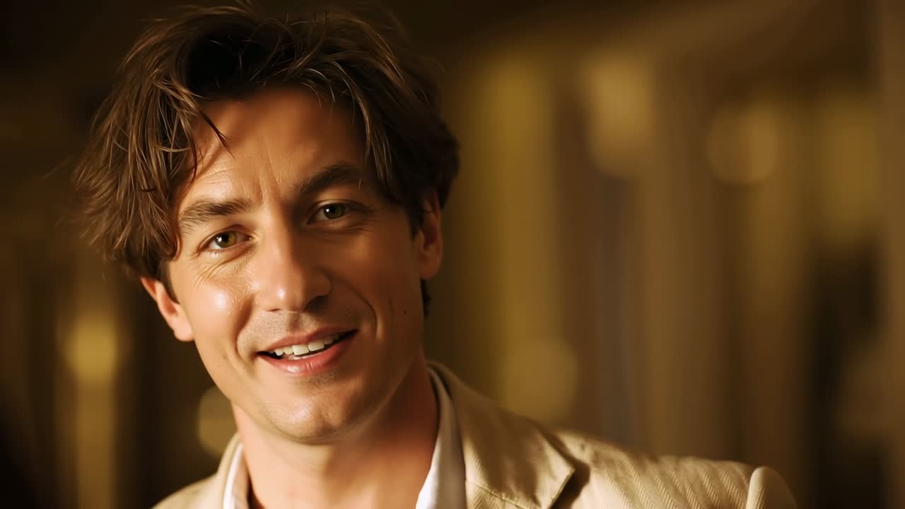 Listening man hearing offscreen voice, smiling, leaning in warm hall in beige blazer collared shirt