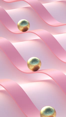 3d loop of golden balls rolling along wavy pink lines. vertical background