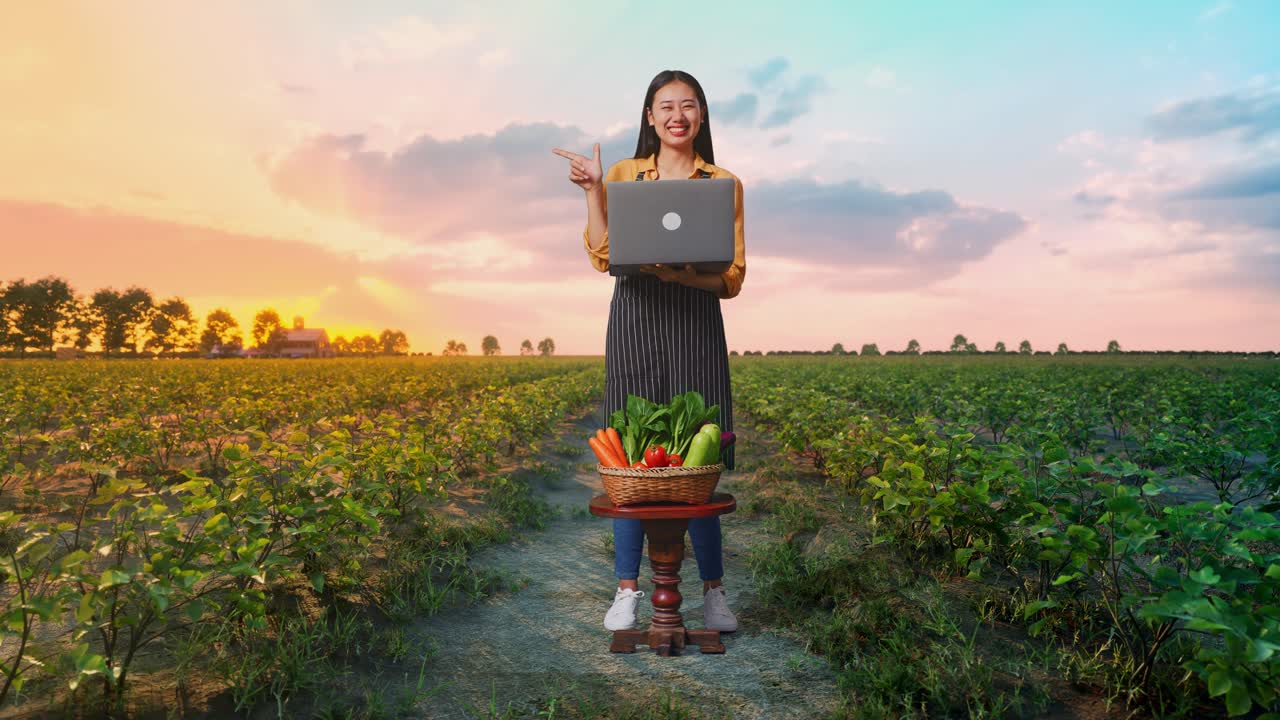 cuerpo lleno de agricultora asiática con cesta de verduras usando una computadora portátil y apuntando al lado en el campo