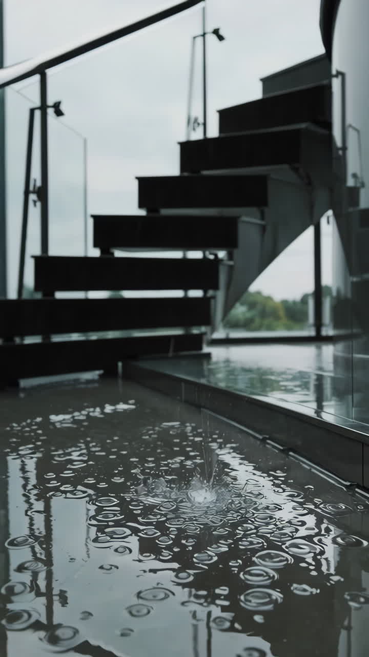 Raindrops Creating Ripples on a Modern Outdoor Floor