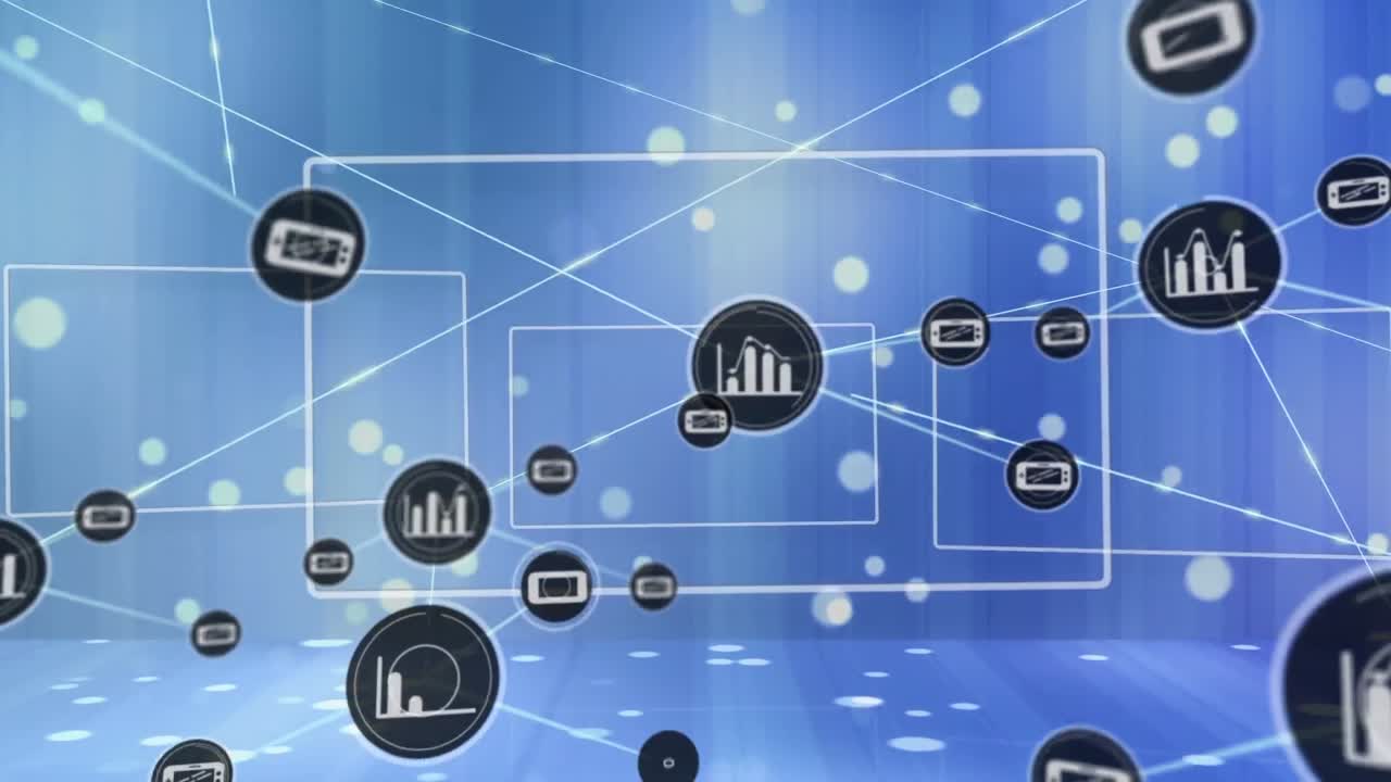 animación de la red de conexiones con iconos sobre fondo azul