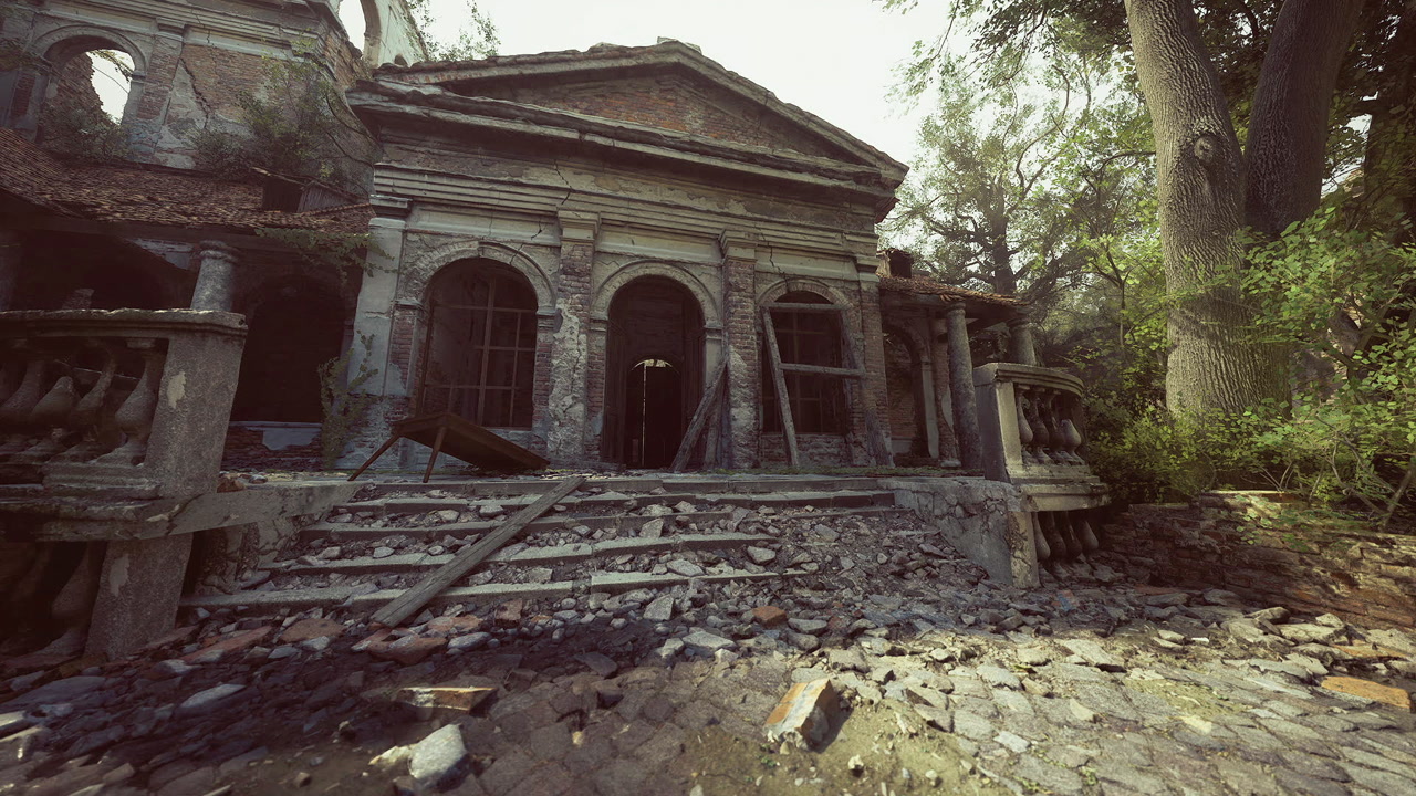Dilapidated uk portico surrounded by nature and broken stones