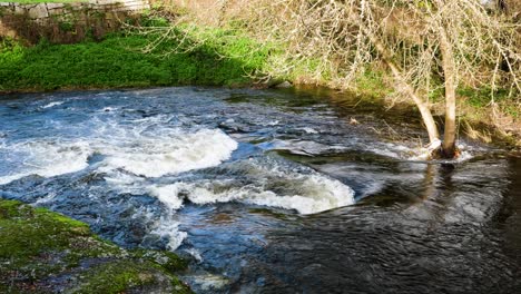 Wasser-Plätschert-über-Felsen-Und-Vertiefungen-Im-Lonia-Fluss-Ourense-Spanien-Schatten-Einer-Brücke