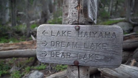 Haiyaha,-Dream-and-Bear-Lake-Hiking-Directions-Sign-on-a-Wooden-Board,-Close-Up