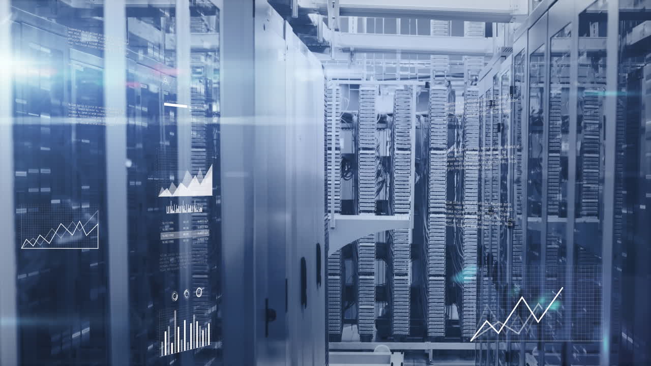 Animation of data processing and mosaic sqaures against computer server room